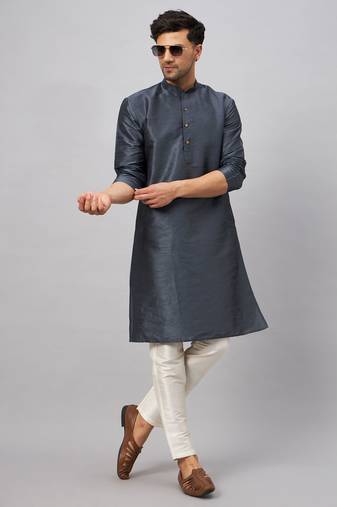 Men'S Steel And Cream Silk Blend Kurta Pyjama Set