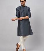 Men'S Steel And Cream Silk Blend Kurta Pyjama Set