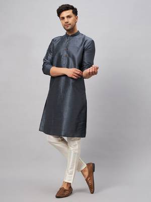 Men'S Steel And Cream Silk Blend Kurta Pyjama Set 2