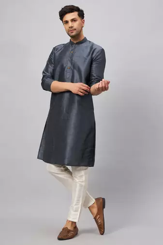 Men'S Steel And Cream Silk Blend Kurta Pyjama Set