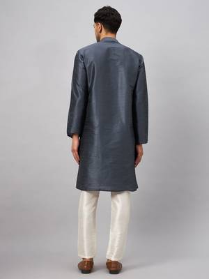 Men'S Steel And Cream Silk Blend Kurta Pyjama Set 3