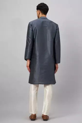 Men'S Steel And Cream Silk Blend Kurta Pyjama Set