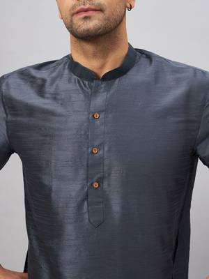 Men'S Steel And Cream Silk Blend Kurta Pyjama Set 4