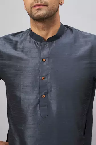Men'S Steel And Cream Silk Blend Kurta Pyjama Set