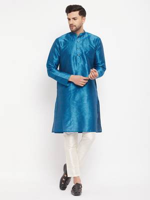 Turquoise And Cream Silk Blend Kurta Pyjama Set 1