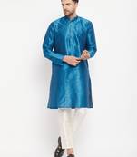 Men'S Turquoise And Cream Silk Blend Kurta Pyjama Set