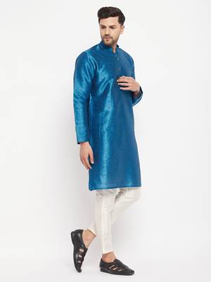 Turquoise And Cream Silk Blend Kurta Pyjama Set 2