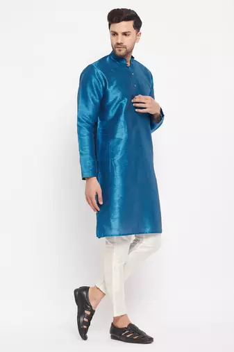 Turquoise And Cream Silk Blend Kurta Pyjama Set