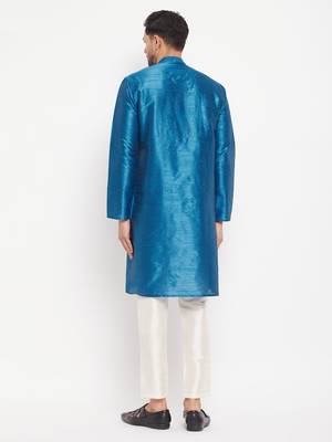 Turquoise And Cream Silk Blend Kurta Pyjama Set 3