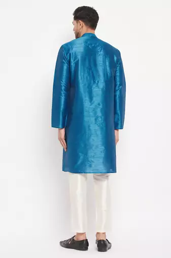 Turquoise And Cream Silk Blend Kurta Pyjama Set