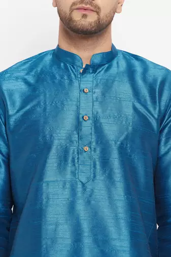 Turquoise And Cream Silk Blend Kurta Pyjama Set