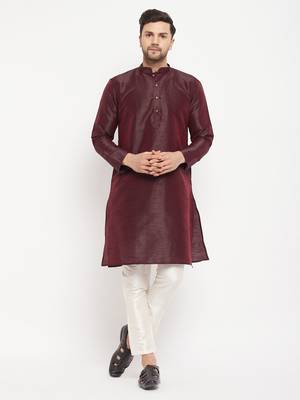 Wine And Cream Silk Blend Kurta Pyjama Set 1