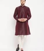 Wine And Cream Silk Blend Kurta Pyjama Set