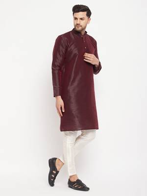 Wine And Cream Silk Blend Kurta Pyjama Set 2
