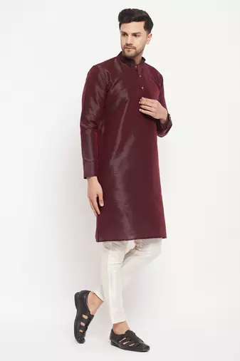 Wine And Cream Silk Blend Kurta Pyjama Set