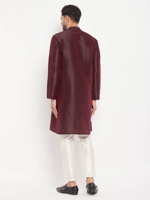 Wine And Cream Silk Blend Kurta Pyjama Set 3
