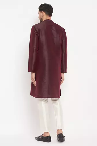Wine And Cream Silk Blend Kurta Pyjama Set