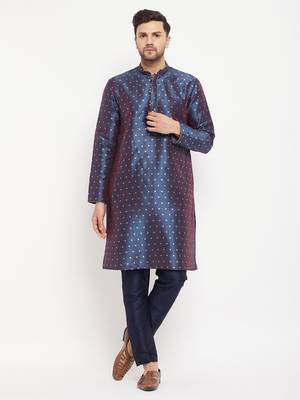 Navy Blue Silk Blend Kurta Pyjama Set 1
