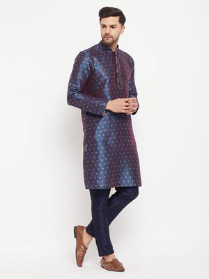 Navy Blue Silk Blend Kurta Pyjama Set 2