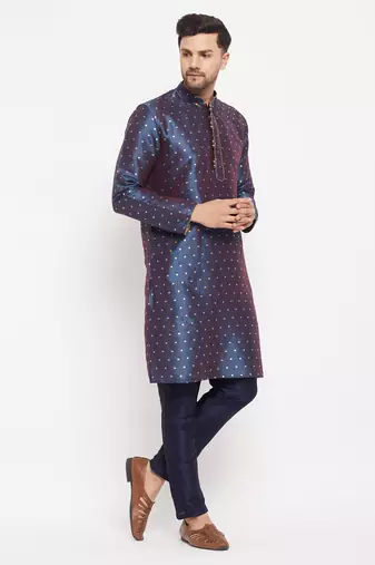 Navy Blue Silk Blend Kurta Pyjama Set