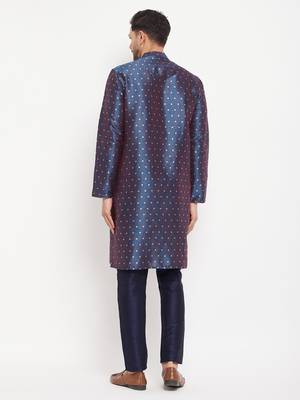 Navy Blue Silk Blend Kurta Pyjama Set 3