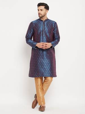 Blue And Rose Gold Silk Blend Kurta Pyjama Set 1