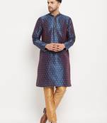 Men'S Blue And Rose Gold Silk Blend Kurta Pyjama Set