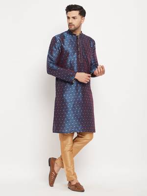 Blue And Rose Gold Silk Blend Kurta Pyjama Set 2