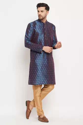 Blue And Rose Gold Silk Blend Kurta Pyjama Set