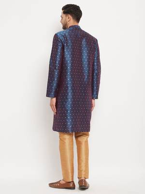 Blue And Rose Gold Silk Blend Kurta Pyjama Set 3