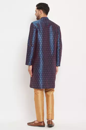 Blue And Rose Gold Silk Blend Kurta Pyjama Set