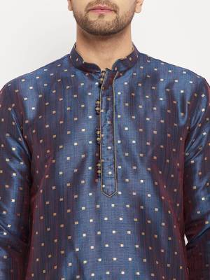 Blue And Rose Gold Silk Blend Kurta Pyjama Set 4