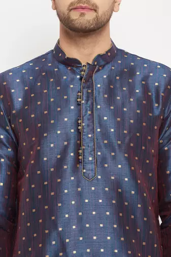 Blue And Rose Gold Silk Blend Kurta Pyjama Set