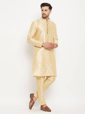 Gold Silk Blend Kurta Pyjama Set 2