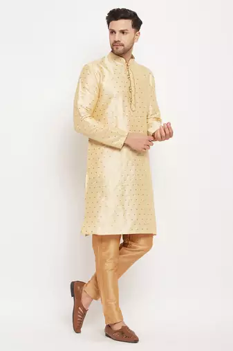 Gold And Rose Gold Silk Blend Kurta Pyjama Set