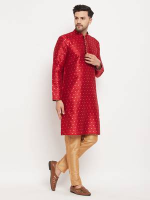 Maroon And Rose Gold Silk Blend Kurta Pyjama Set 1