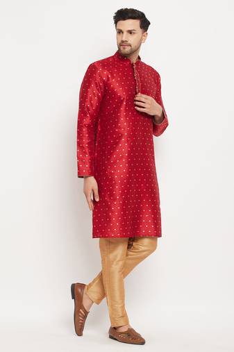 Men'S Maroon And Rose Gold Silk Blend Kurta Pyjama Set