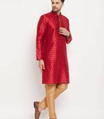 Maroon And Rose Gold Silk Blend Kurta Pyjama Set