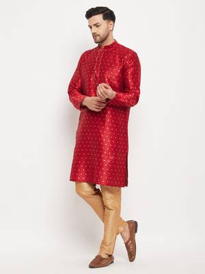 Maroon And Rose Gold Silk Blend Kurta Pyjama Set 2
