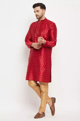 Maroon And Rose Gold Silk Blend Kurta Pyjama Set