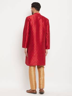 Maroon And Rose Gold Silk Blend Kurta Pyjama Set 3