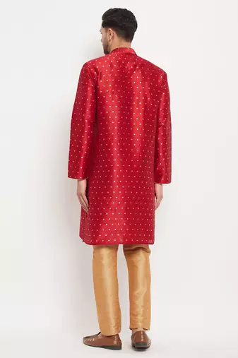 Maroon And Rose Gold Silk Blend Kurta Pyjama Set