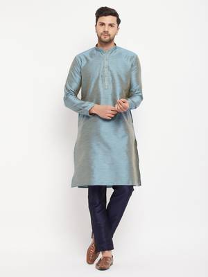 Aqua And Navy Blue Silk Blend Kurta Pyjama Set 1