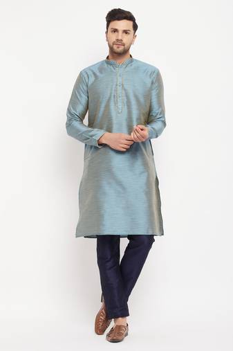 Men'S Aqua And Navy Blue Silk Blend Kurta Pyjama Set