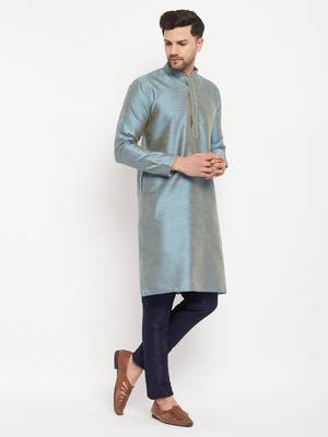Aqua And Navy Blue Silk Blend Kurta Pyjama Set 2