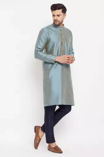 Aqua And Navy Blue Silk Blend Kurta Pyjama Set