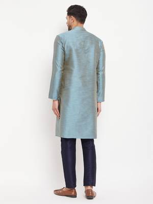 Aqua And Navy Blue Silk Blend Kurta Pyjama Set 3