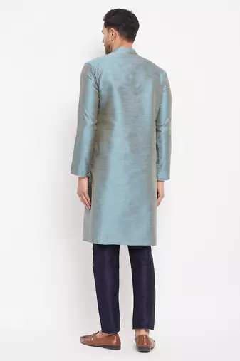 Aqua And Navy Blue Silk Blend Kurta Pyjama Set
