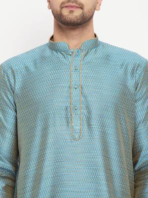Aqua And Navy Blue Silk Blend Kurta Pyjama Set 4