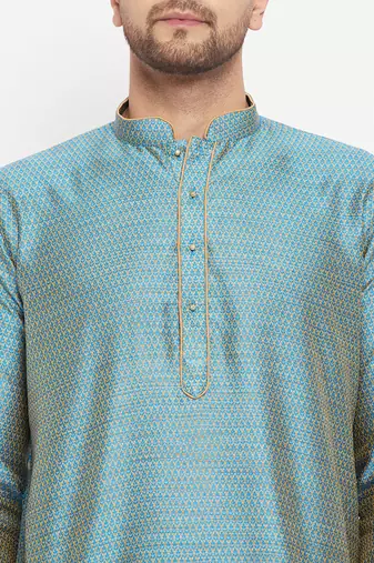 Aqua And Navy Blue Silk Blend Kurta Pyjama Set